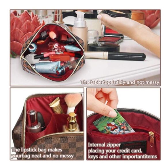 Cosmetic Bag Leather Large Checkered 2 Pack Large Capacity Travel Cosmetic Bag - Picture 3 of 4